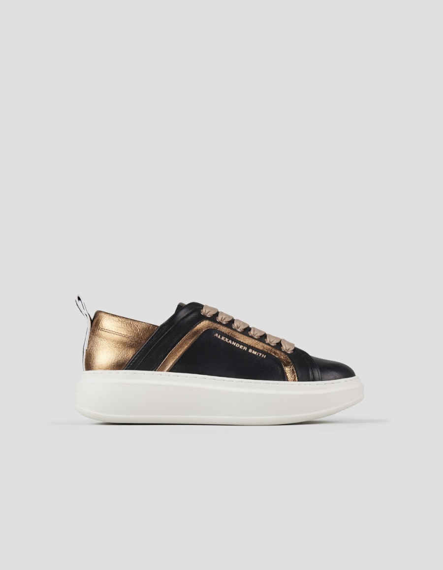 Sneakers Alexander Smith wembley woman in black leather with bronze side ribbing and heel - 1