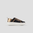 Wembley Woman in black leather with bronze side ribbing and heel
