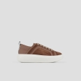 Wembley Woman in camel suede with leather side ribbing and heel