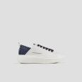 Wembley Woman in white leather and rhinestones blue heel