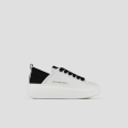 Wembley High Woman in white leather and black suede heel