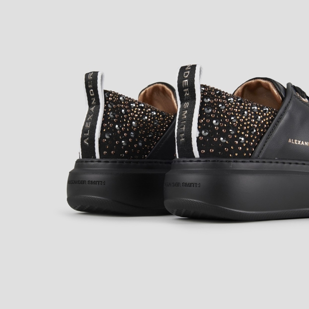 Sneakers Alexander Smith wembley woman in black leather with rhinestones heel and black sole - 4
