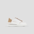 Lancaster Woman in white leather and beige suede heel