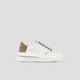 Lancaster Woman in white leather and military green suede heel