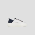 Wembley High Woman in white leather and blue suede heel