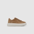 Pearl Woman in cognac suede and bronze laminated details
