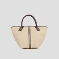Lauren Medium handbag with shoulder strap in beige raffia and woven brown handle