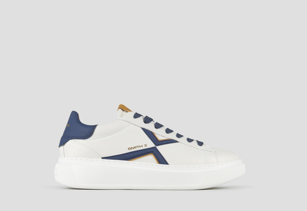 Sneakers Alexander Smith college man in white leather, blue logo and back, and mustard details - 1