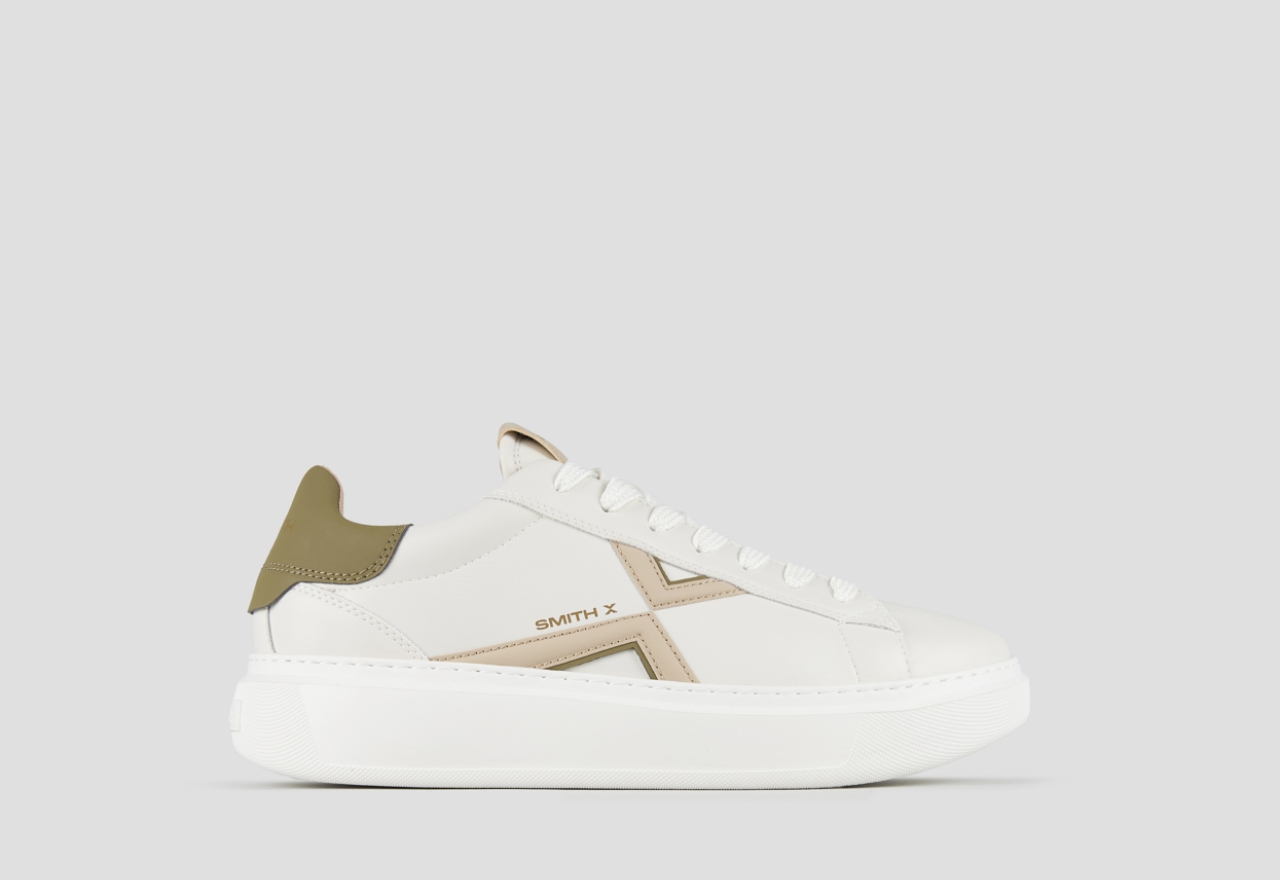 Sneakers Alexander Smith college man in white leather, ivory logo and green back - 1