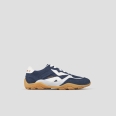 Mist Woman in blue with suede and laminate inserts, white heel and logo