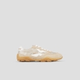 Mist Woman in sand suede and gold laminated, with white heel and logo