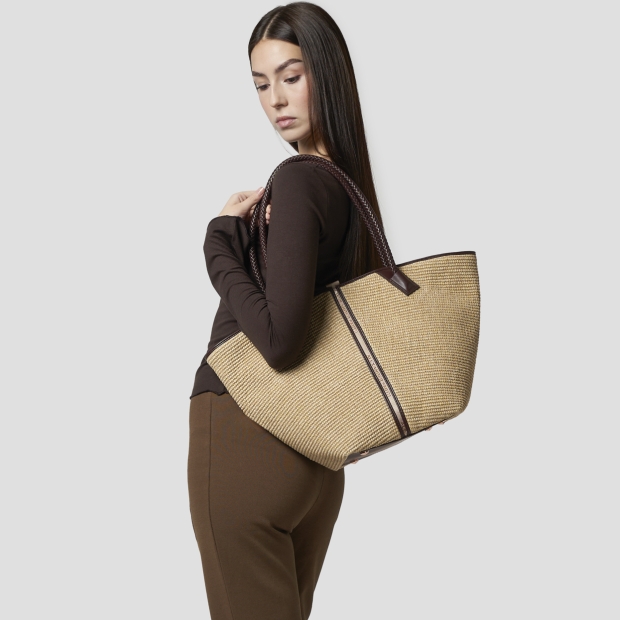 Sneakers Alexander Smith lauren large shoulder bag in beige rafia and brown woven handle - 2