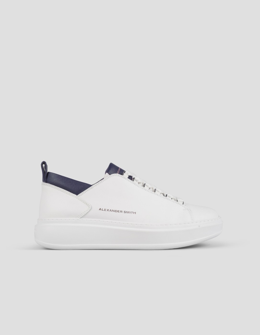 Sneakers Alexander Smith wembley uomo in pelle bianca e dettagli in pelle saffiano blu - 1