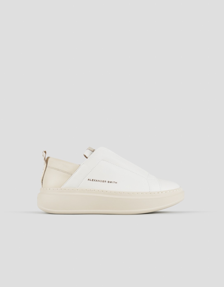 Sneakers Alexander Smith wembley slip-on donna in pelle bianca con tallone e suola beige - 1