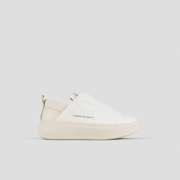 Sneakers Alexander Smith wembley slip-on donna in pelle bianca con tallone e suola beige - 1