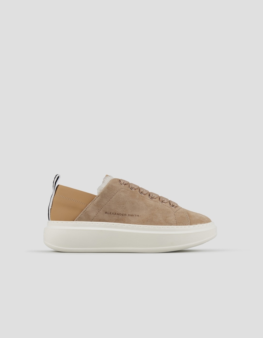 Sneakers Alexander Smith wembley donna in suede beige e fodera in eco-pelliccia bianca - 1