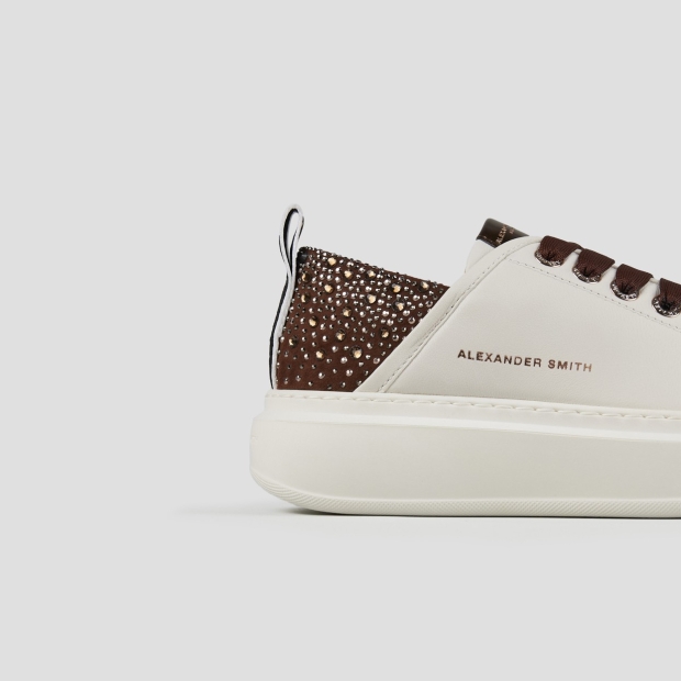 Sneakers Alexander Smith wembley donna in pelle bianca e tallone marrone con strass - 2