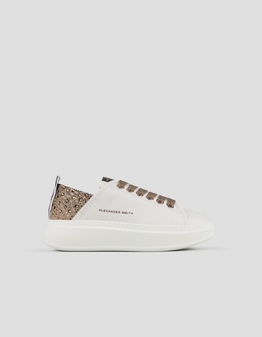 Sneakers Alexander Smith wembley donna in pelle bianca e tallone beige con strass - 1