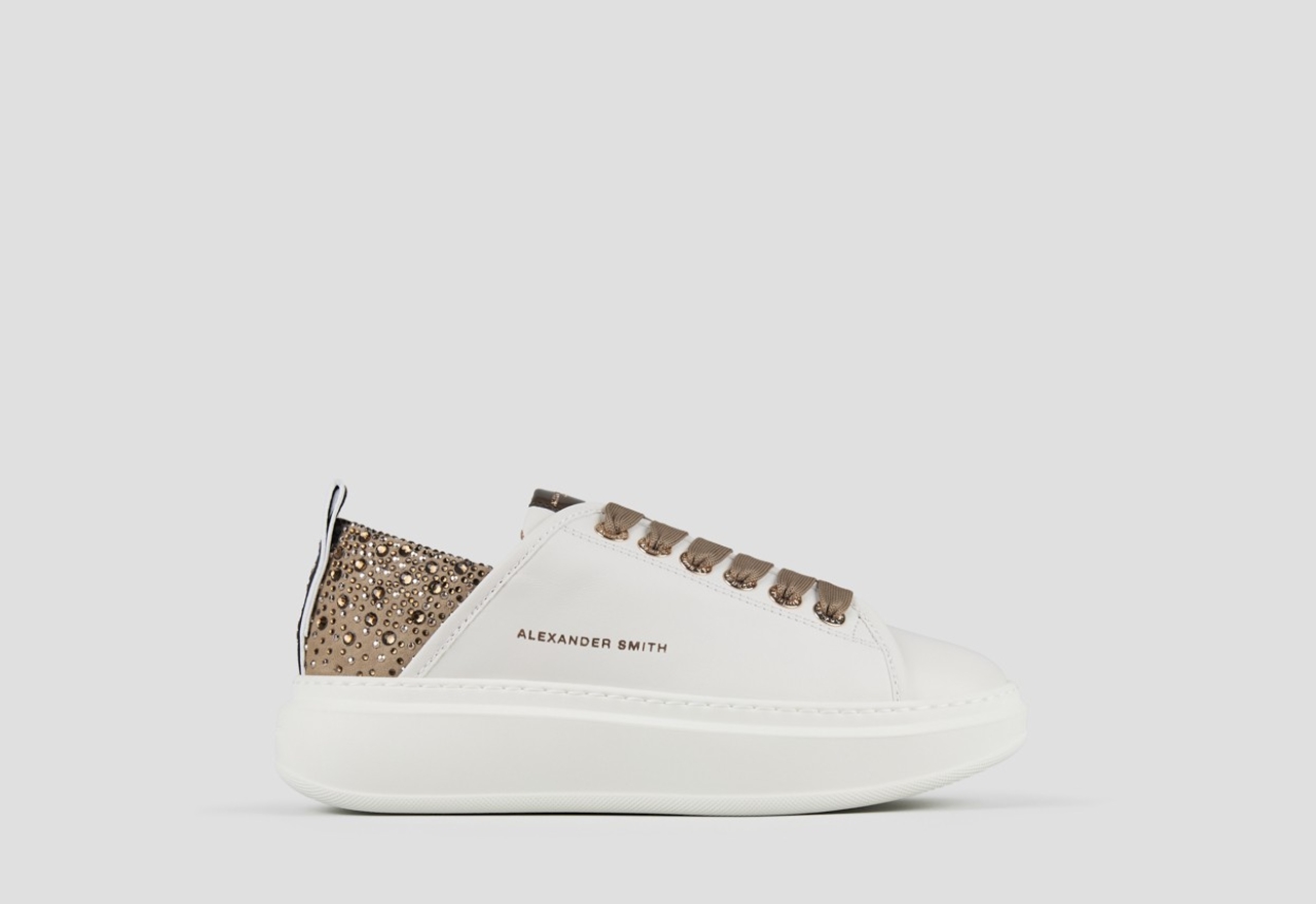 Sneakers Alexander Smith wembley donna in pelle bianca e tallone beige con strass - 1