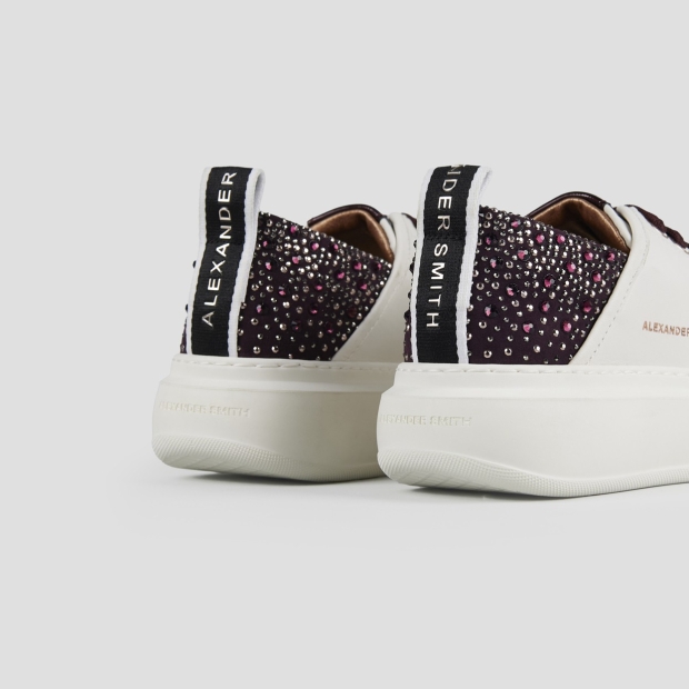 Sneakers Alexander Smith wembley donna in pelle bianca e tallone bordeaux con strass - 4