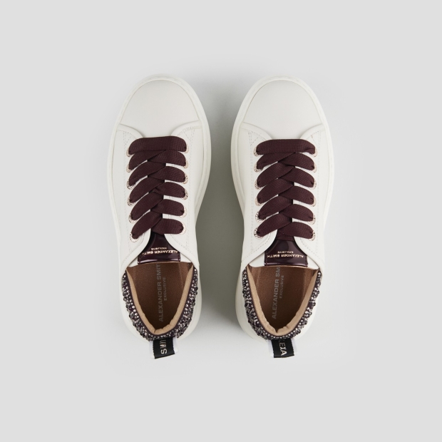 Sneakers Alexander Smith wembley donna in pelle bianca e tallone bordeaux con strass - 5
