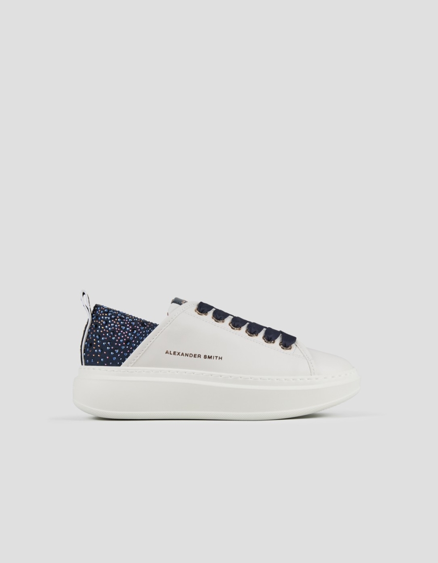 Sneakers Alexander Smith wembley donna in pelle bianca e tallone blu con strass - 1