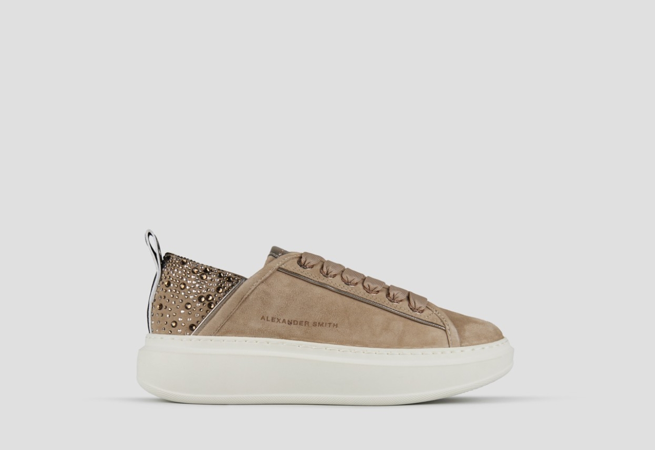 Sneakers Alexander Smith wembley donna in suede beige e tallone con strass - 1