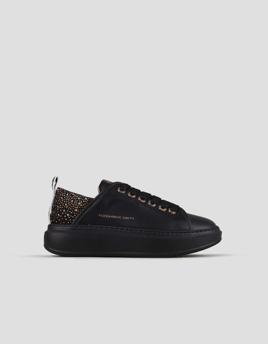 Sneakers Alexander Smith wembley donna in pelle nera con strass sul tallone e suola nera - 1
