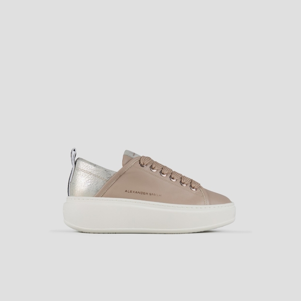Sneakers Alexander Smith wembley alta donna in pelle beige e tallone in pelle cracklè laminata platino - 1