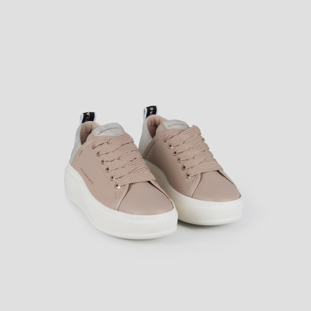 Sneakers Alexander Smith wembley alta donna in pelle beige e tallone in pelle cracklè laminata platino - 3