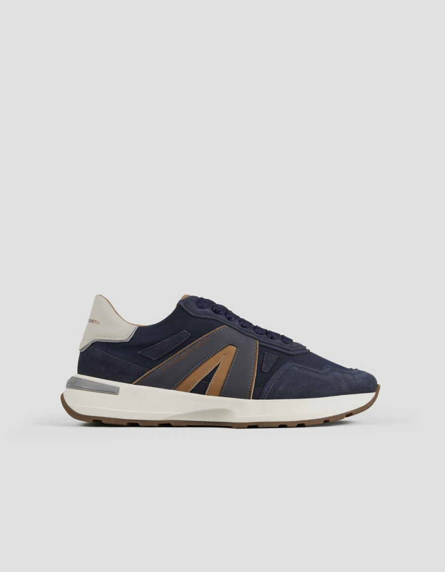 Sneakers Alexander Smith liverpool uomo in morbida pelle blu e nylon slavato in tinta con logo laterale marrone - 1