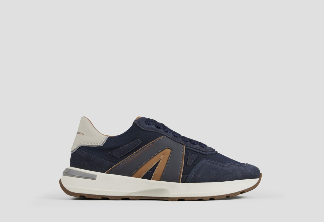 Sneakers Alexander Smith liverpool uomo in morbida pelle blu e nylon slavato in tinta con logo laterale marrone - 1