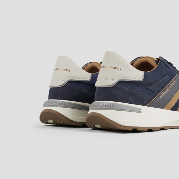 Sneakers Alexander Smith liverpool uomo in morbida pelle blu e nylon slavato in tinta con logo laterale marrone - 4