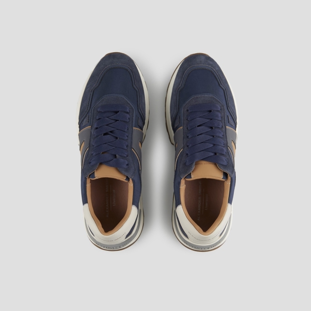 Sneakers Alexander Smith liverpool uomo in morbida pelle blu e nylon slavato in tinta con logo laterale marrone - 5