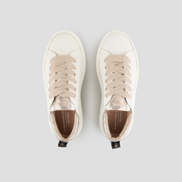 Sneakers Alexander Smith wembley alta donna in pelle bianca e tallone in pelle cracklè laminata beige - 5