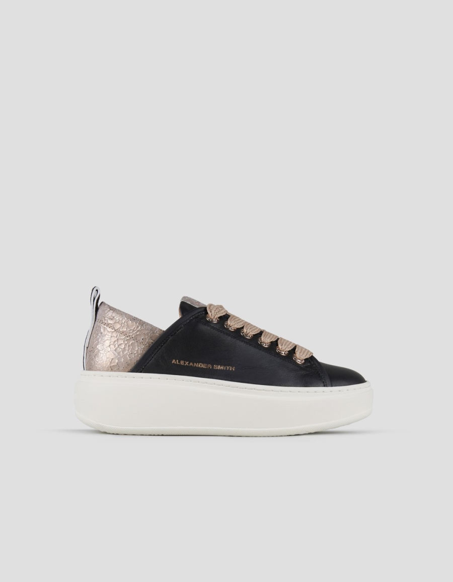 Sneakers Alexander Smith wembley alta donna in pelle nera e tallone in pelle cracklè laminata beige - 1