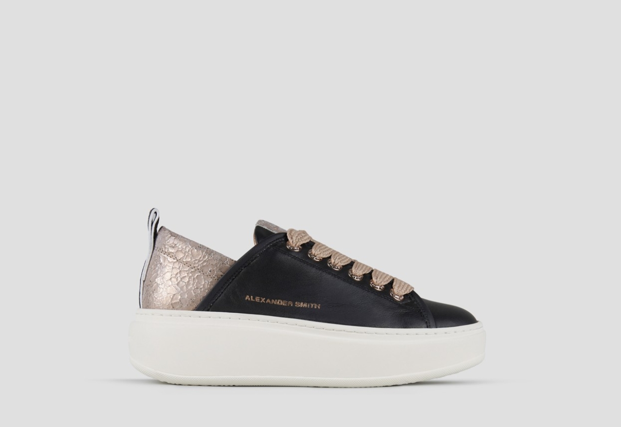 Sneakers Alexander Smith wembley alta donna in pelle nera e tallone in pelle cracklè laminata beige - 1