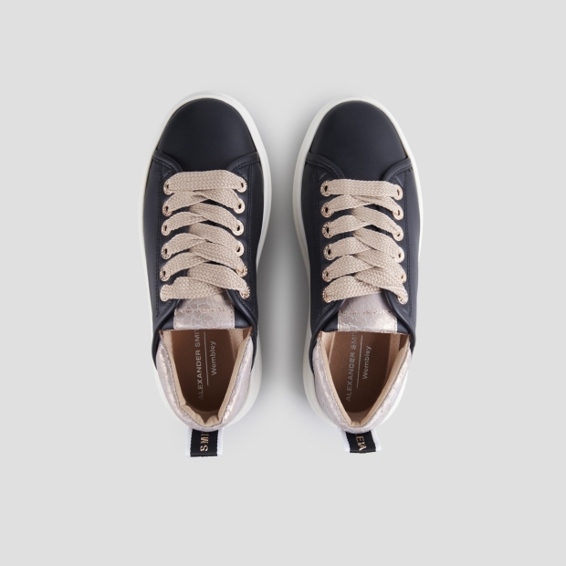 Sneakers Alexander Smith wembley alta donna in pelle nera e tallone in pelle cracklè laminata beige - 5