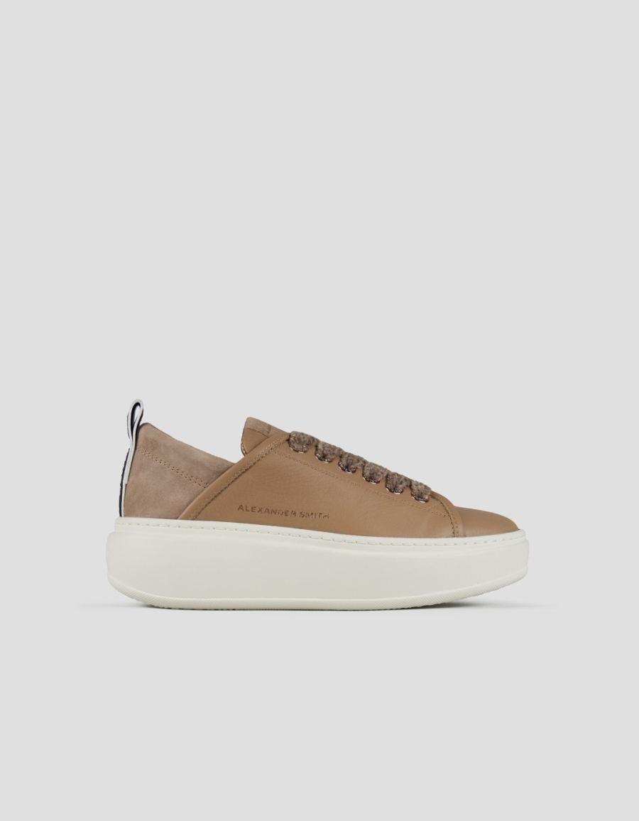 Sneakers Alexander Smith wembley alta donna in morbida pelle beige scuro e tallone in suede - 1