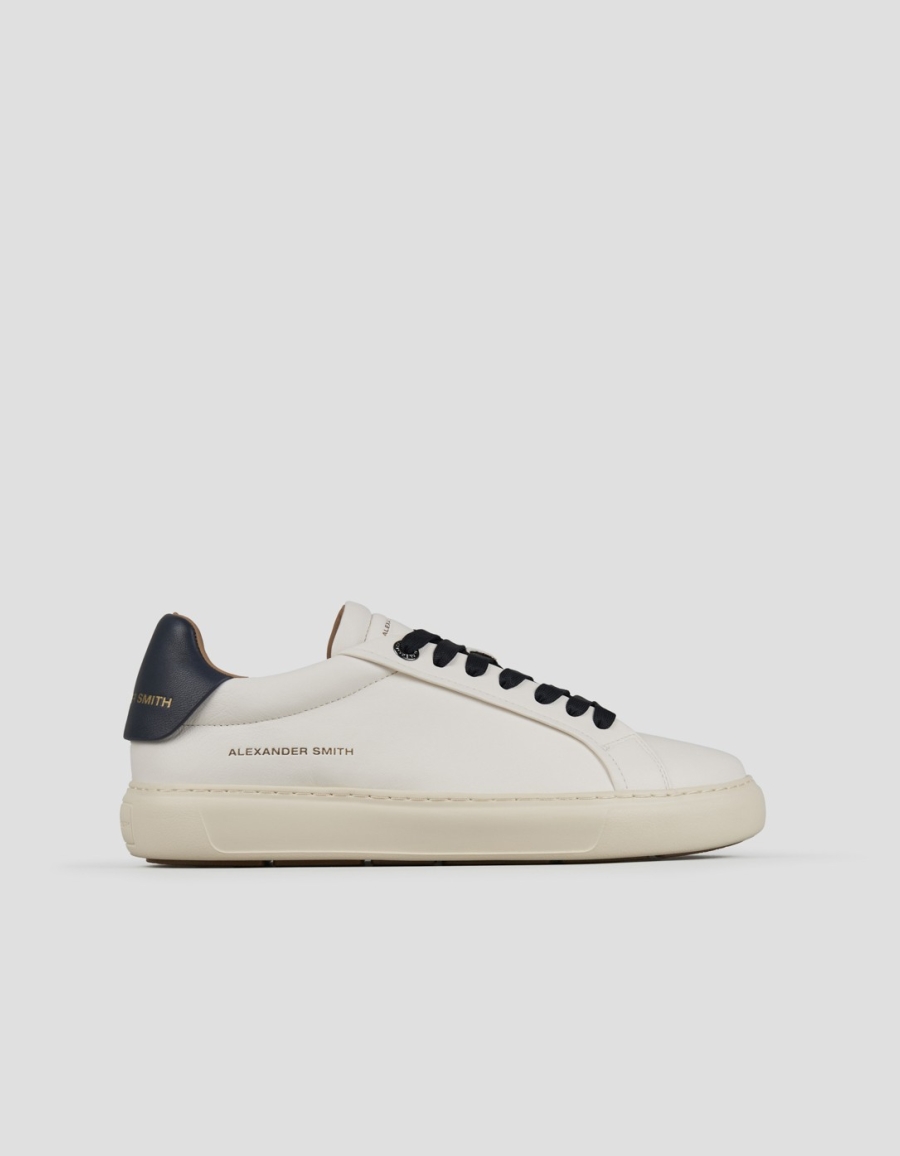 Sneakers Alexander Smith soho uomo in morbida pelle bianca con tallone e lacci blu - 1