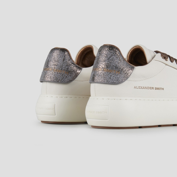 Sneakers Alexander Smith soho donna in morbida pelle bianca e tallone cracklè laminato bronzo - 4