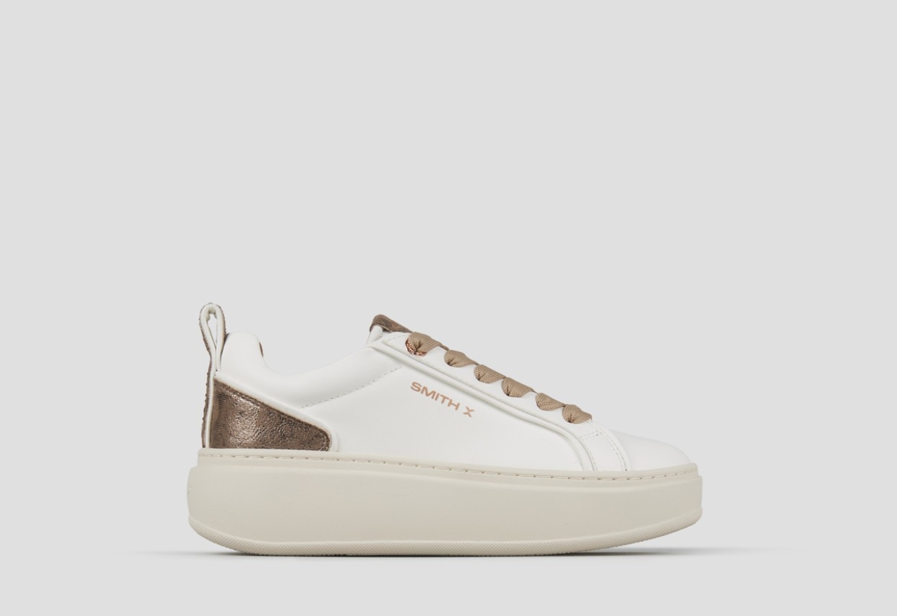 Sneakers Alexander Smith stone donna in bianco con tallone in laminato leopardato marrone e suola beige - 1