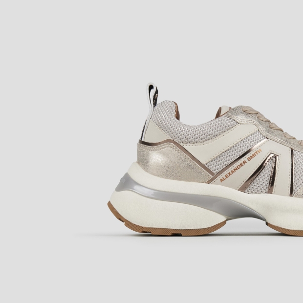 Sneakers Alexander Smith victoria donna in tessuto mesh e laminato polveroso avorio con dettagli oro - 3