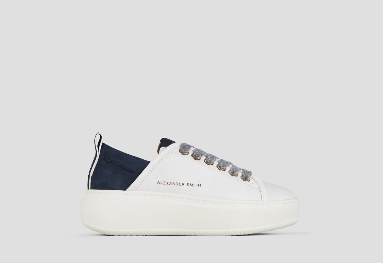 Sneakers Alexander Smith wembley alta donna in pelle bianca e tallone in suede blu - 1