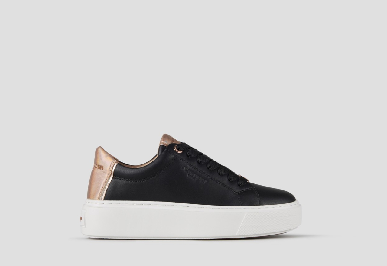 Sneakers Alexander Smith london alta donna in pelle liscia nera e tallone in laminato bottalato rame - 1