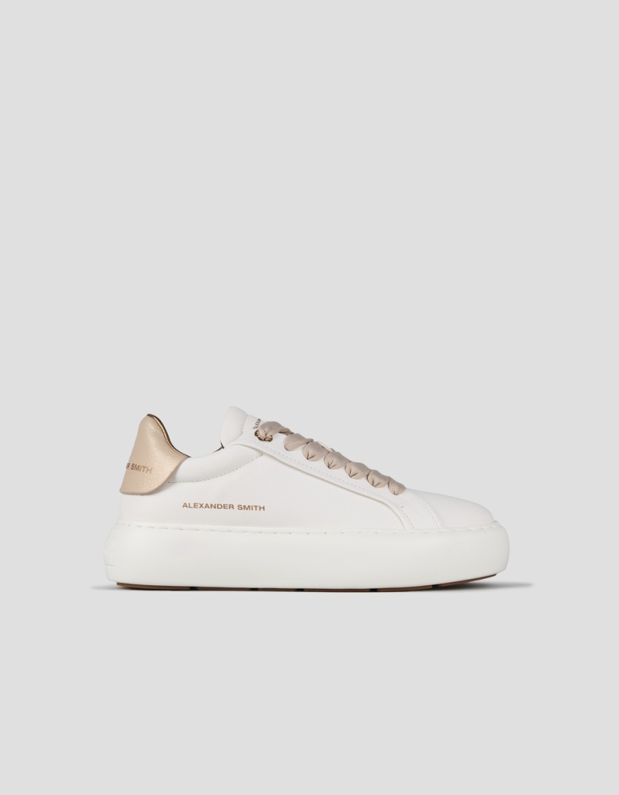 Sneakers Alexander Smith soho donna in morbida pelle bianca e tallone cracklè laminato oro - 1
