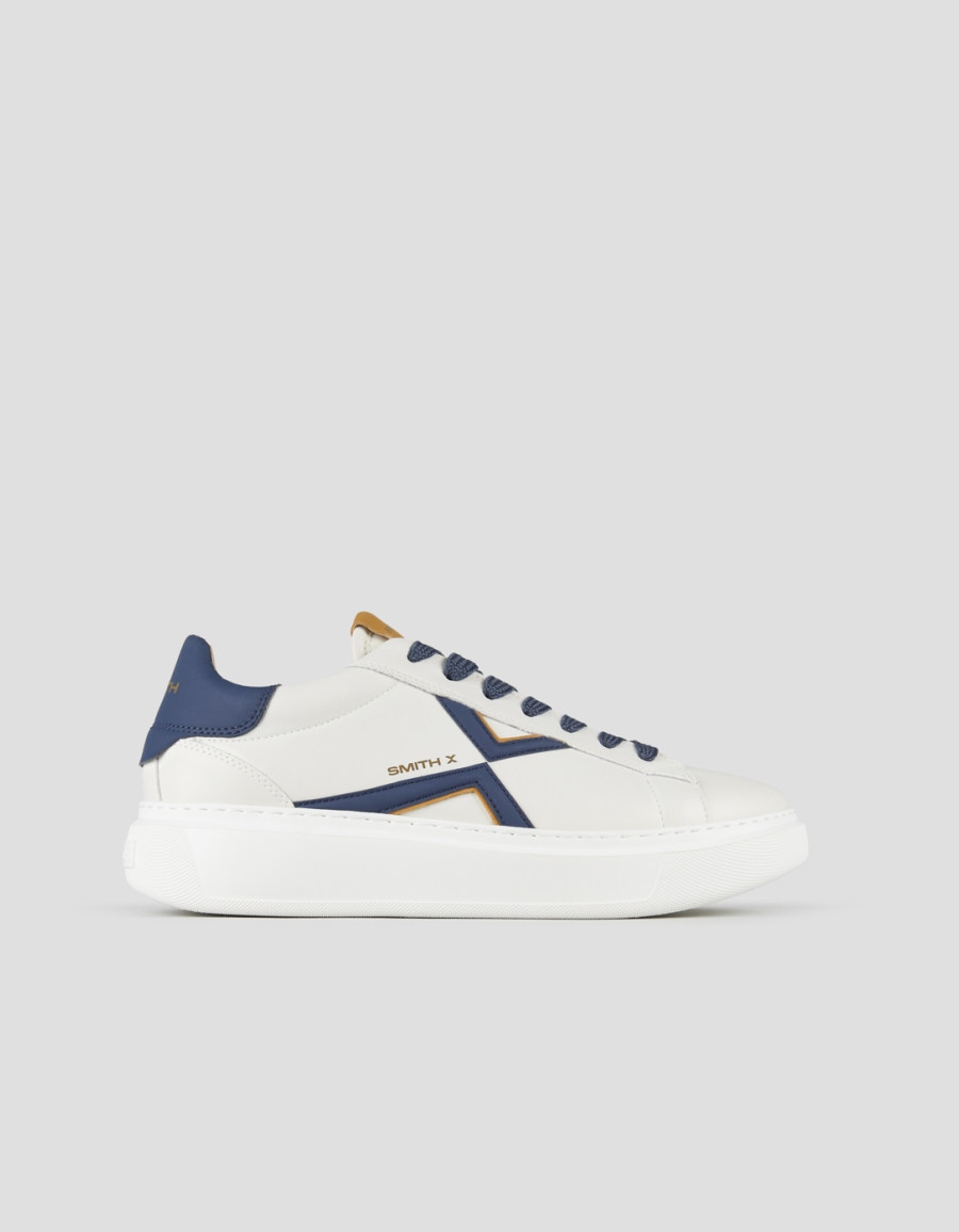Sneakers Alexander Smith college uomo in pelle bianca, logo e tallone blu e dettagli senape - 1