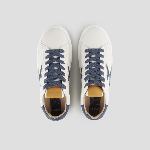 Sneakers Alexander Smith college uomo in pelle bianca, logo e tallone blu e dettagli senape - 6