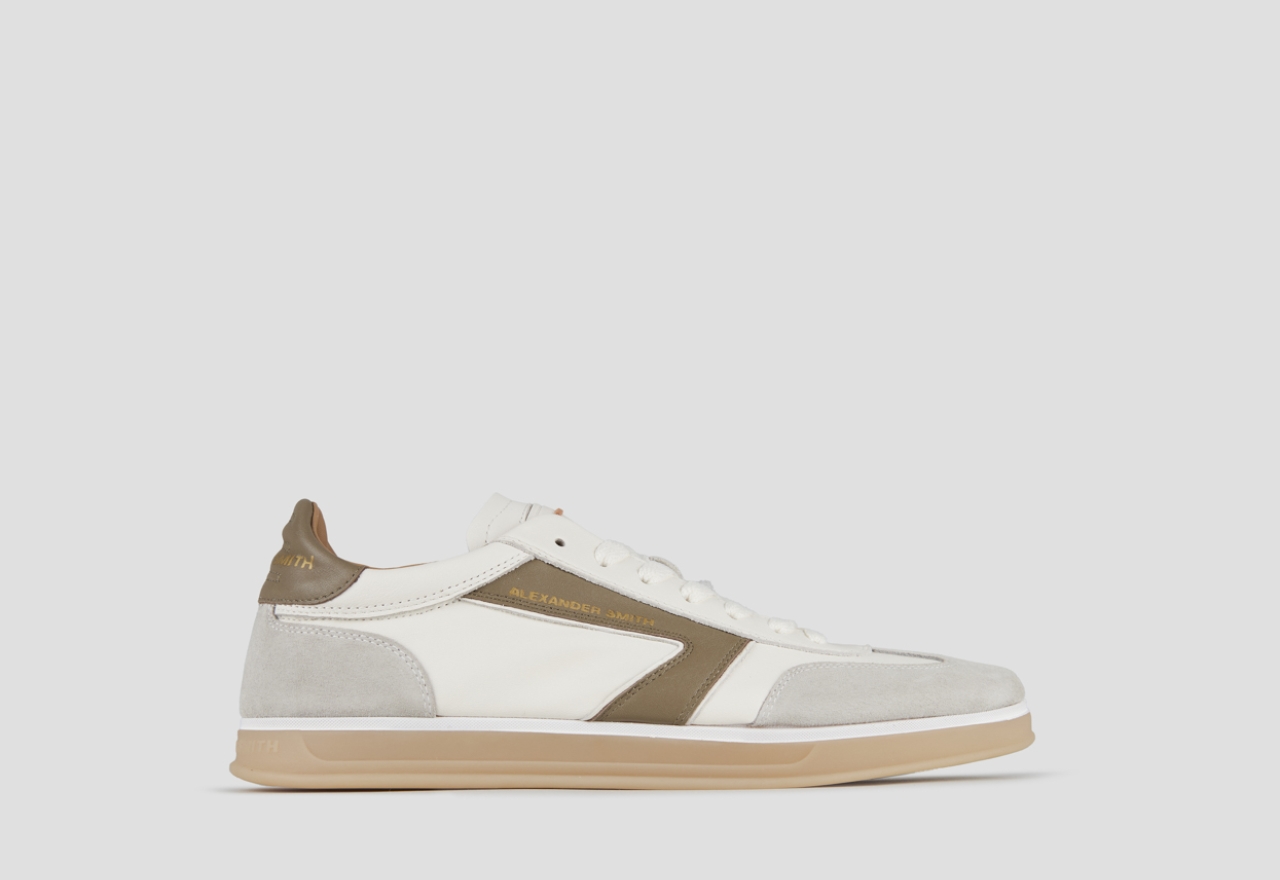 Sneakers Alexander Smith thames uomo in pelle bianca, camoscio grigio e logo verde oliva - 1