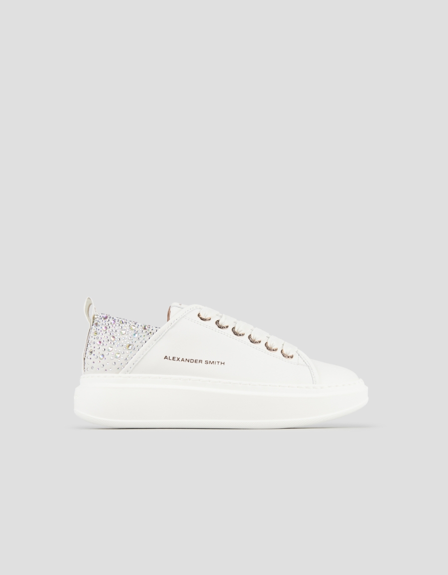 Sneakers Alexander Smith wembley donna in pelle bianca e tallone grigio con strass iridescenti - 1